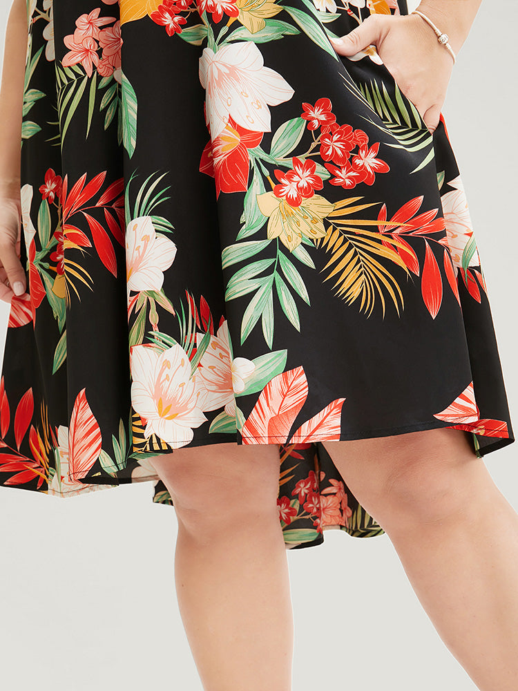 Tropical Printed Ruffles Pocket High Low Hem Knee Dress