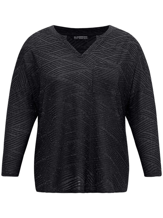 Plisse Solid Notched Long Sleeve T-shirt