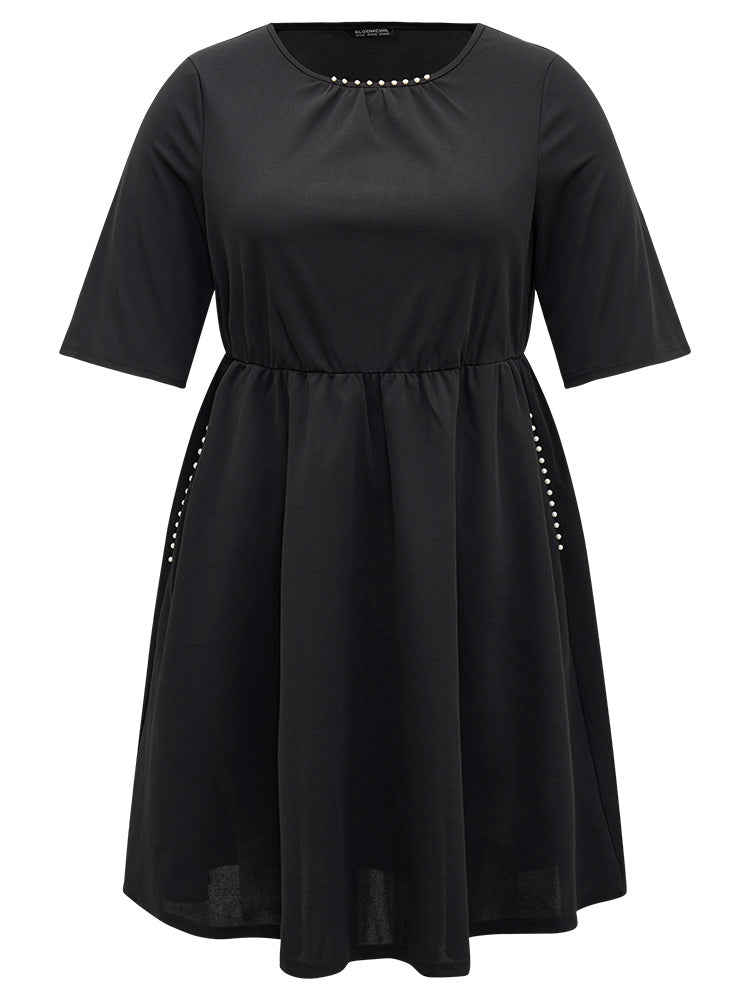 Plain Pocket Pearl Beaded Detail Gathered Dress