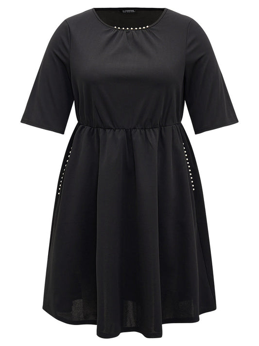 Plain Pocket Pearl Beaded Detail Gathered Dress