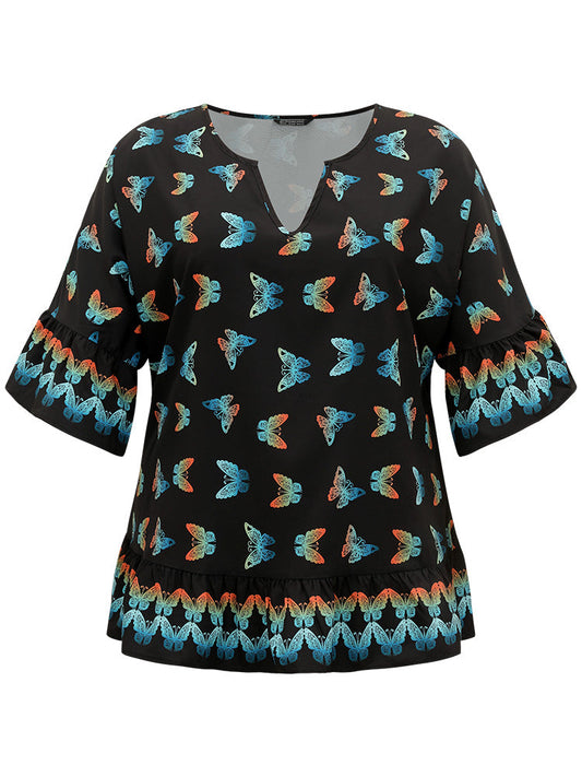 Butterfly Notched Bell Sleeve Gathered Blouse