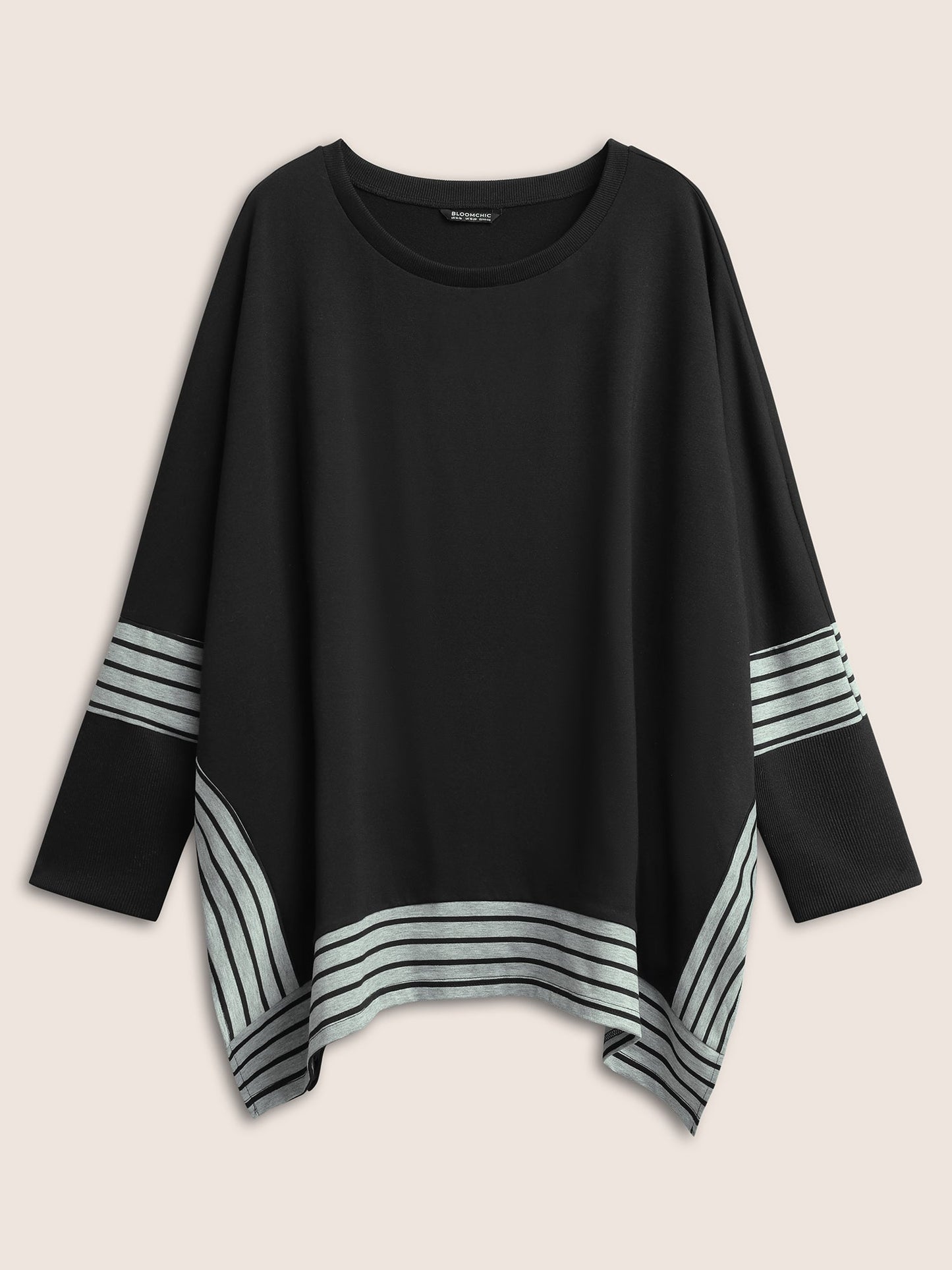 Rib Knit Striped Curved Hem Sweatshirt