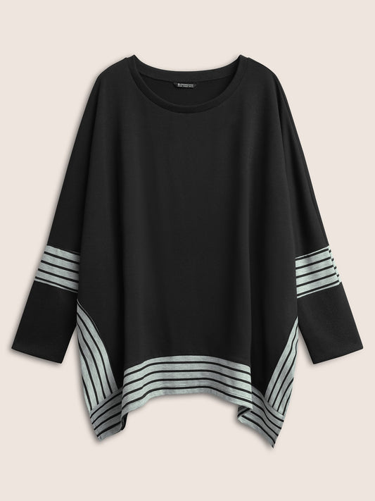 Rib Knit Striped Curved Hem Sweatshirt