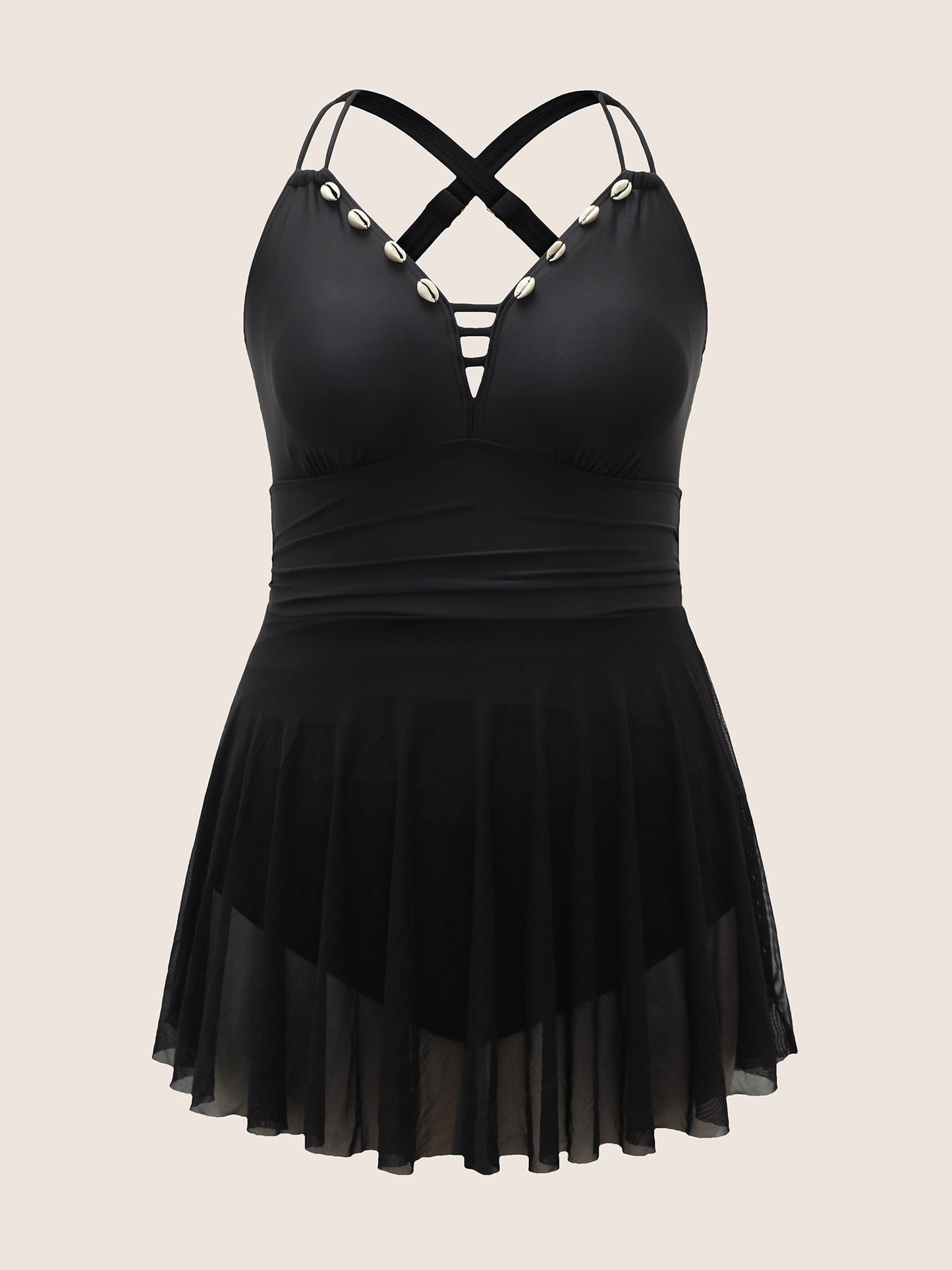 Plain Shell Detail Cut Out Gathered Swim Dress