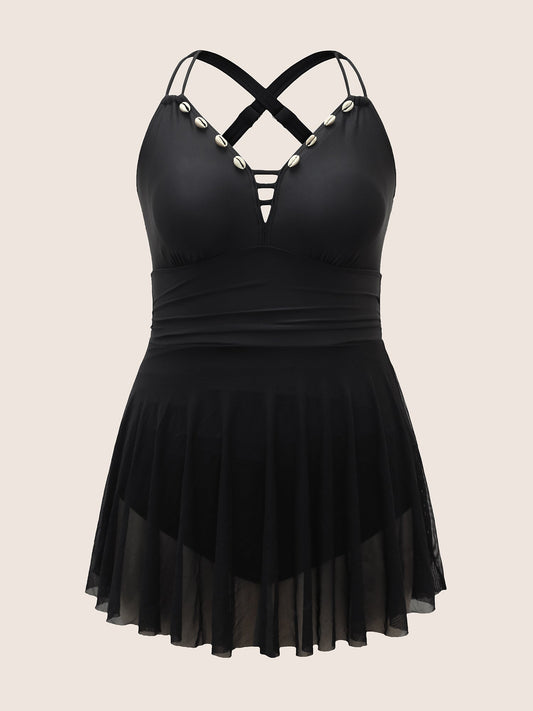 Plain Shell Detail Cut Out Gathered Swim Dress