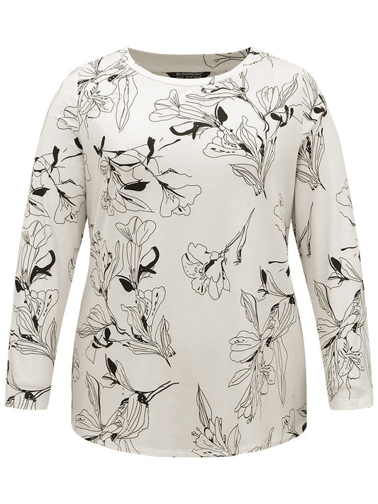 Crew Neck Silhouette Floral Print Basic T-shirt