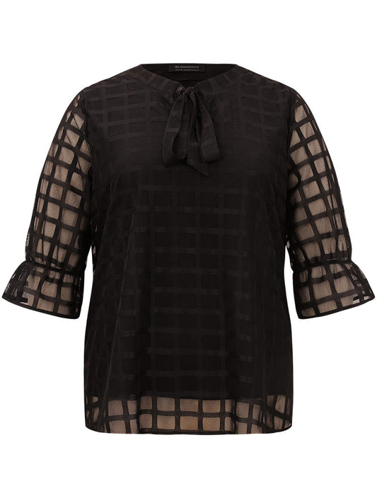 Plaid Knot Neck Mesh Woven Top