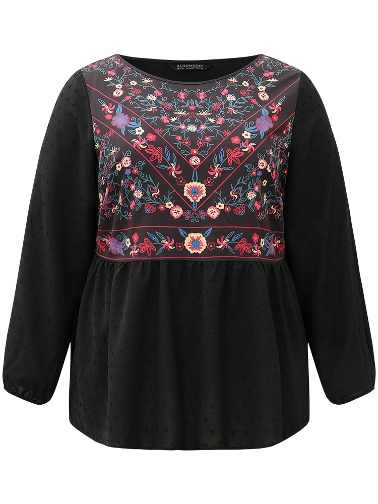 Boho Print Patchwork Lantern Sleeve Gathered Blouse