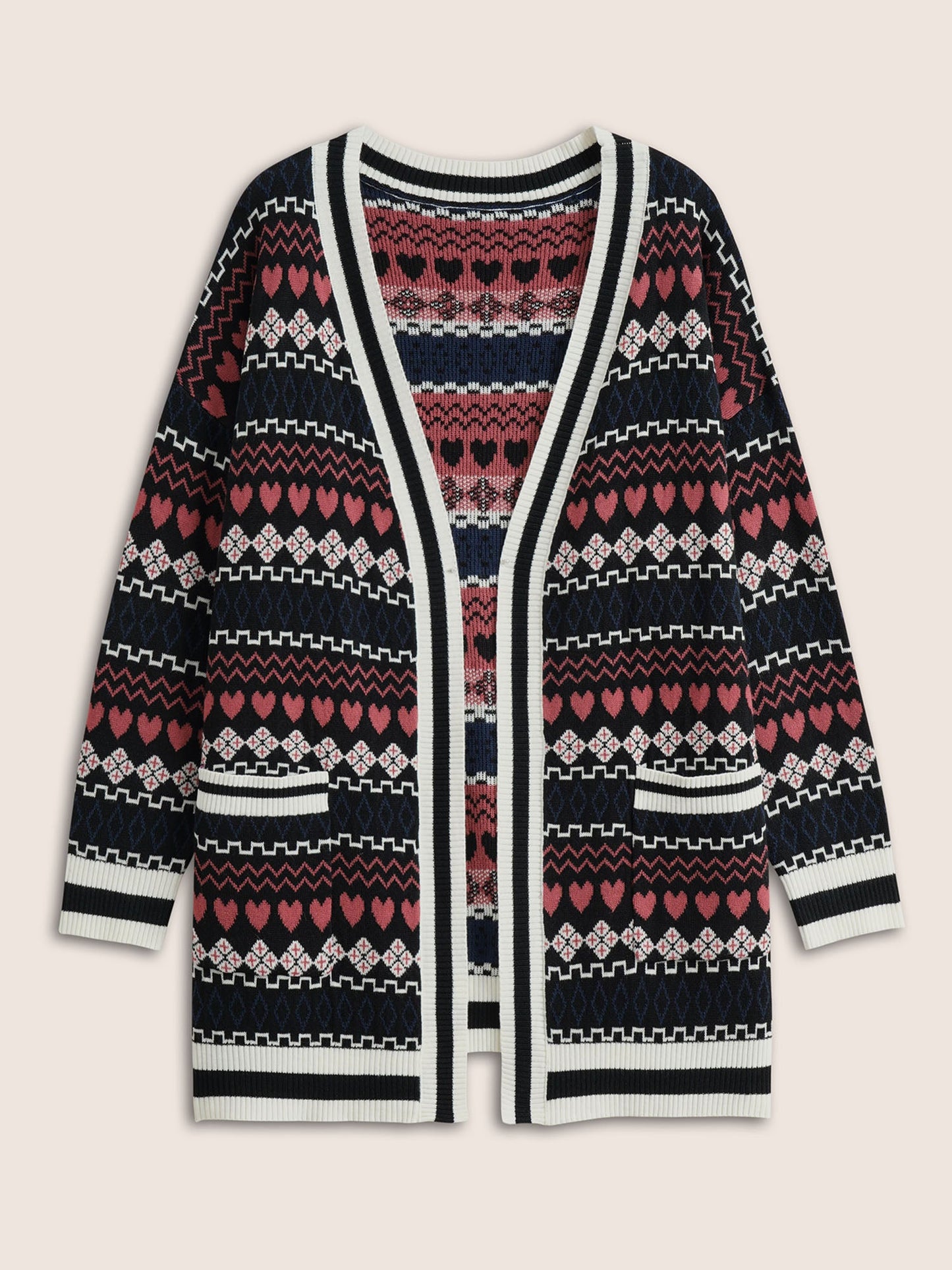 Heart Geometric Jacquard Pocket Cardigan