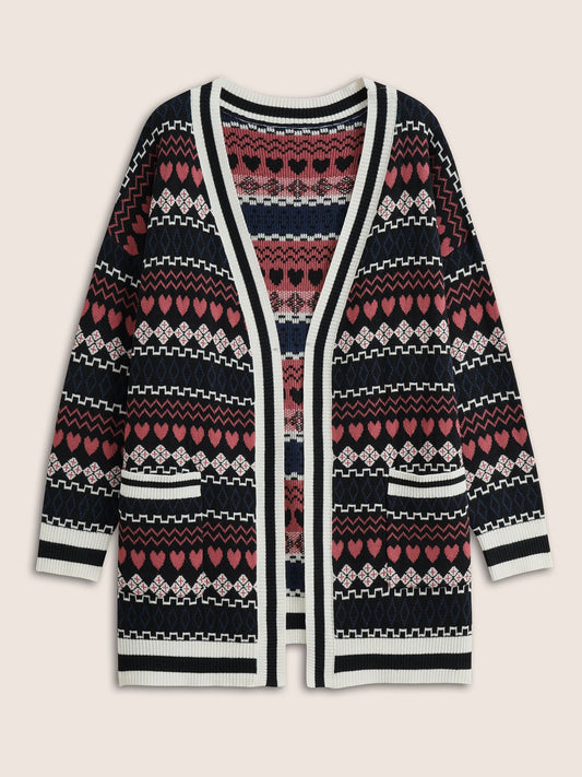 Heart Geometric Jacquard Pocket Cardigan