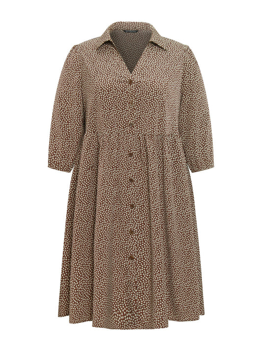 Heart Print Lapel Collar Button Detail Knee Dress