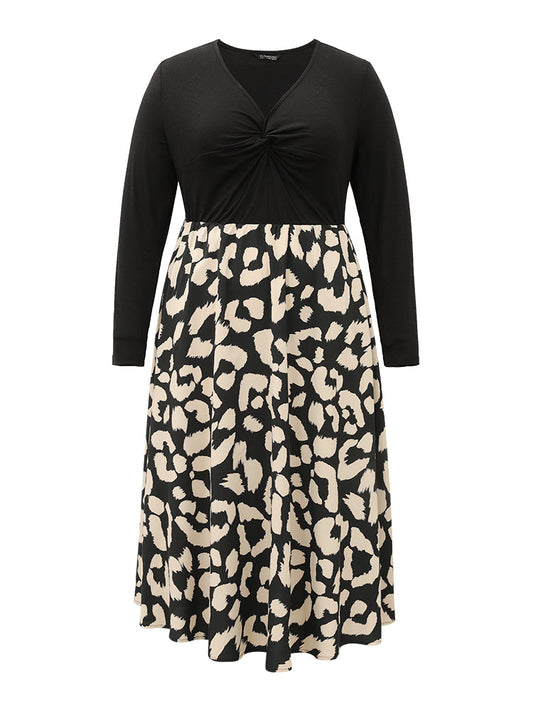 Leopard Patchwork Pocket Twist Front Dress