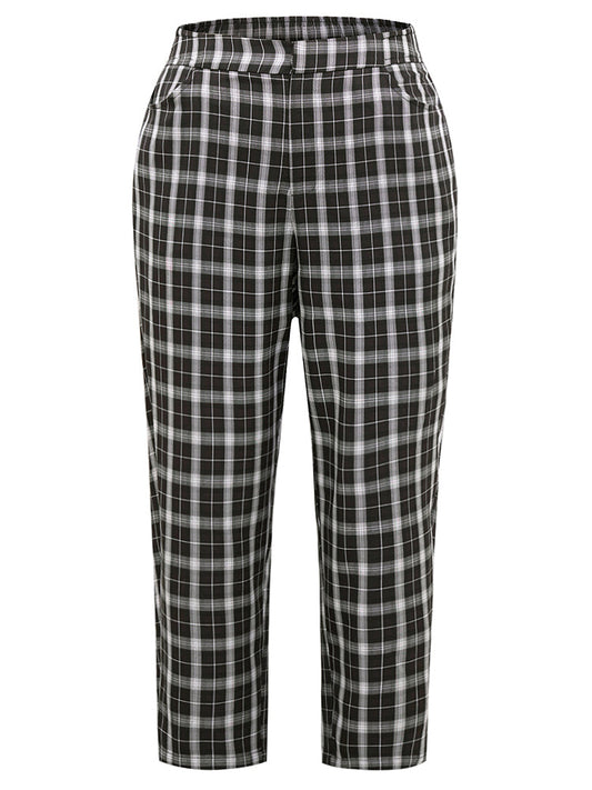 Plaid Elastic Waist Straight Leg Pants