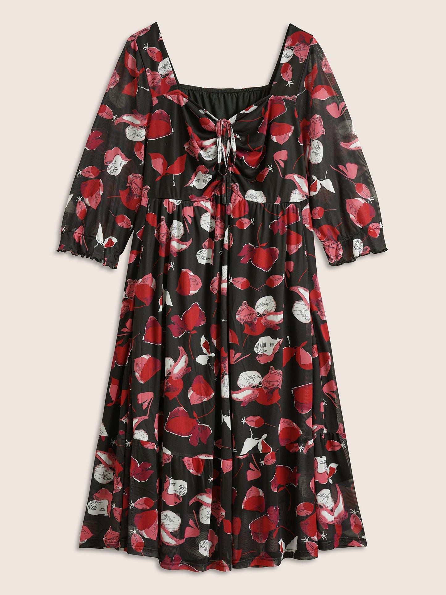Floral Print Drawstring Mesh Ruched Dress