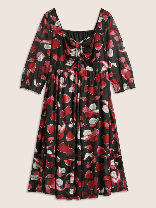 Floral Print Drawstring Mesh Ruched Dress