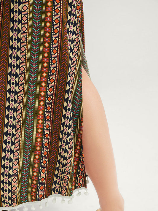 Striped Contrast Cold Shoulder Pocket Pompom Trim Split Ruffles Dress