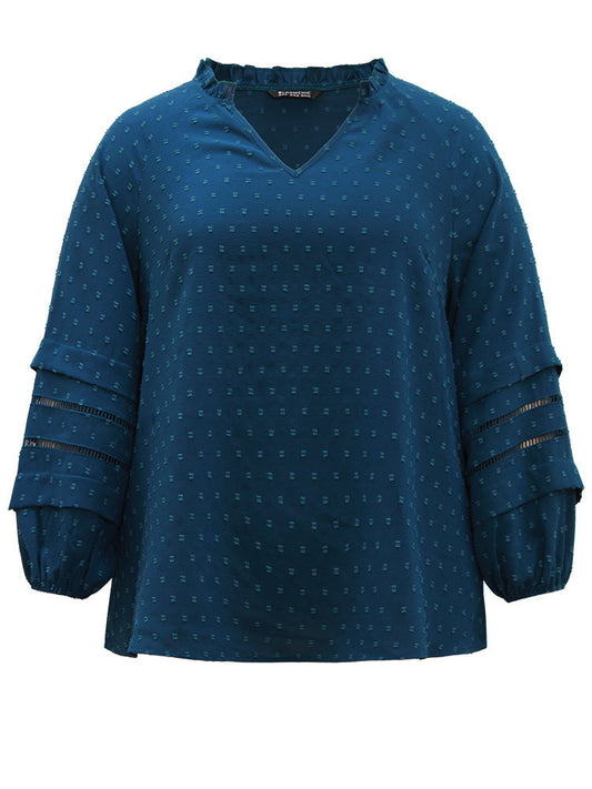 Plain Textured Cut Out Frill Trim Lantern Sleeve Blouse