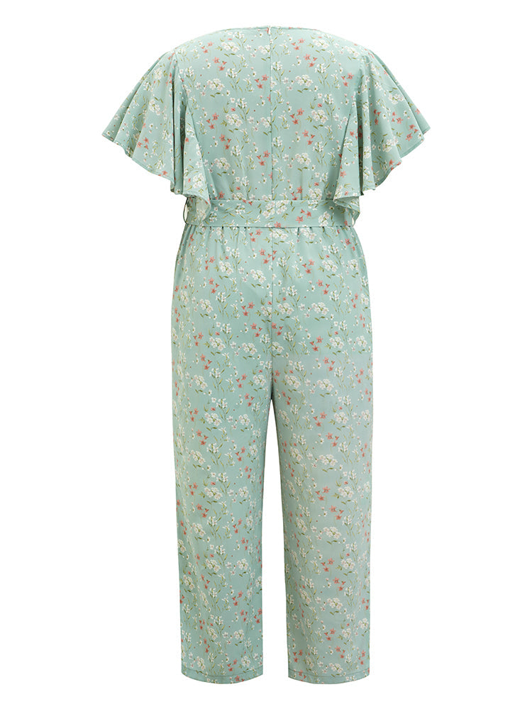 Floral Ruffle Sleeve V Neck Pocket Belt Jumpsuit