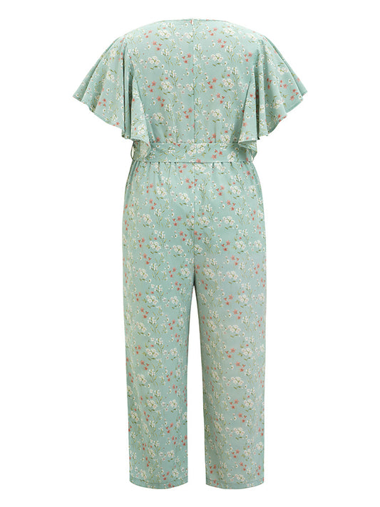 Floral Ruffle Sleeve V Neck Pocket Belt Jumpsuit
