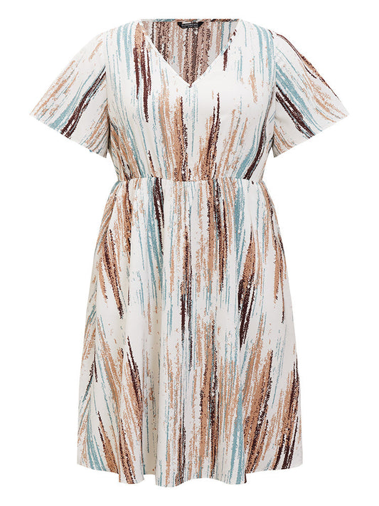 Brush Print Pocket Ruffles Knee Dress