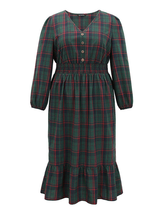 Plaid Shirred Button Detail Ruffle Hem Dress