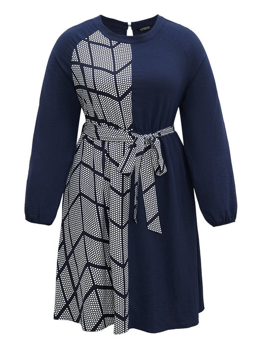 Polka Dot Geometric Patchwork Belted Dress