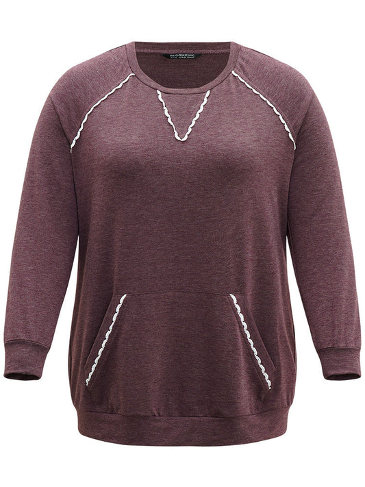 Plain Heather Guipure Lace Raglan Sleeve Pocket Sweatshirt
