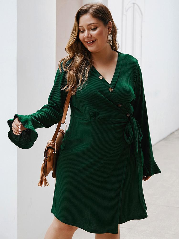 Sexy Buttton V-neck Knot Dress