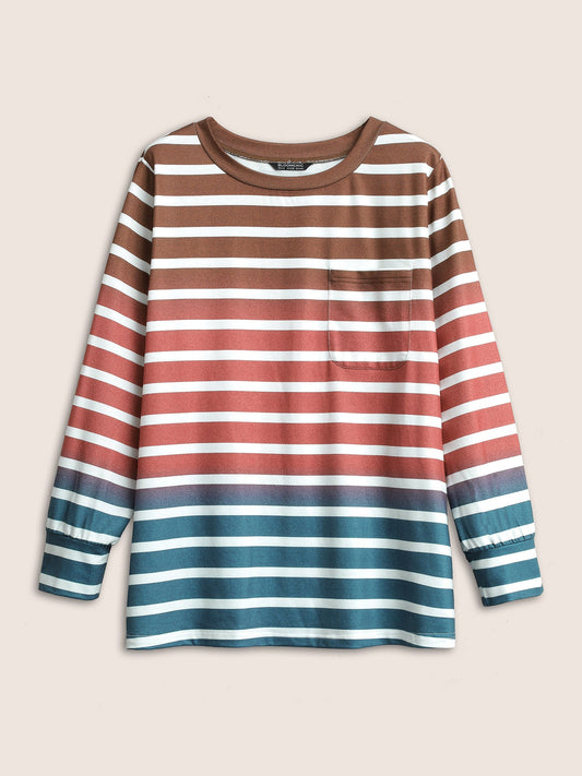 Ombre Contrast Striped Patched Pocket Sweatshirt