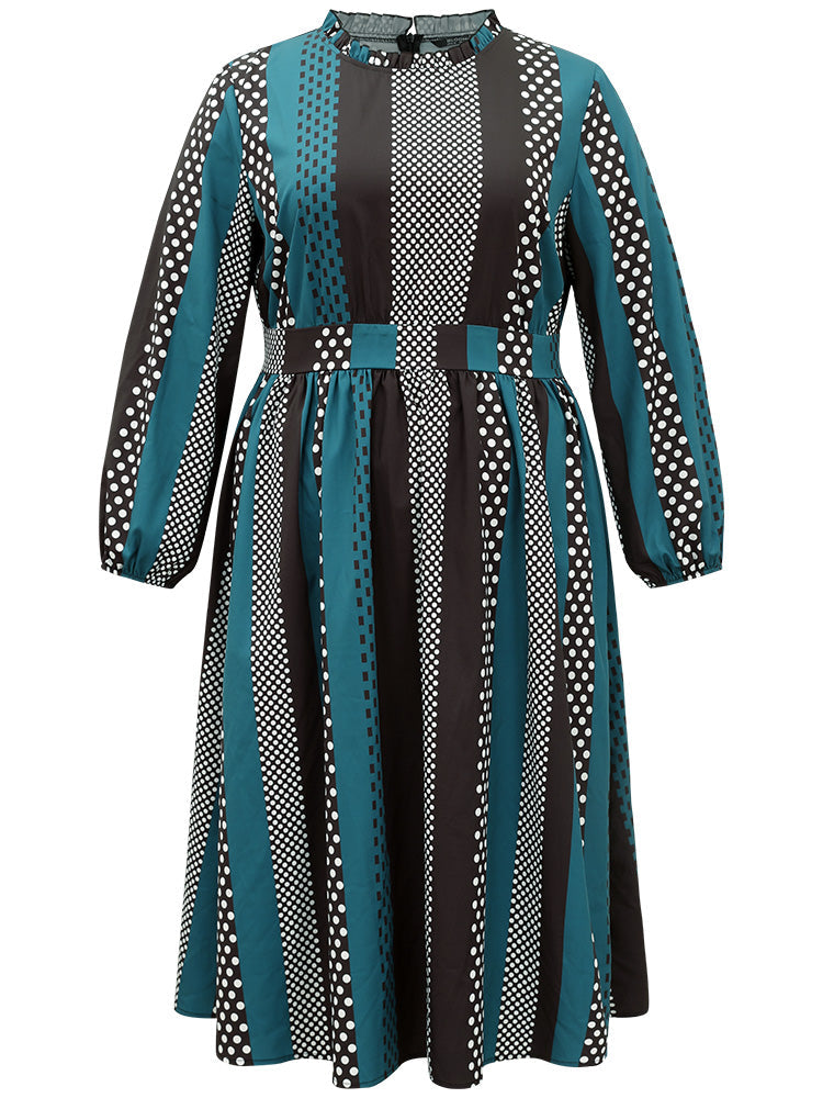 Polka Dot Patchwork Striped Pleated Lantern Sleeve Dress