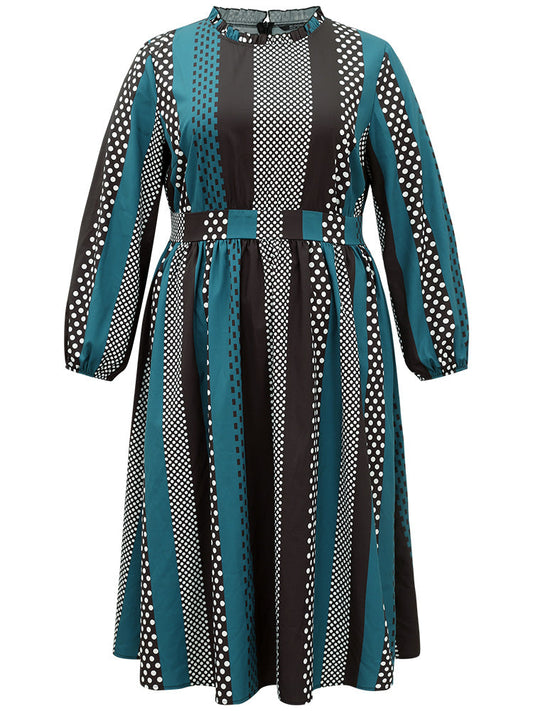 Polka Dot Patchwork Striped Pleated Lantern Sleeve Dress