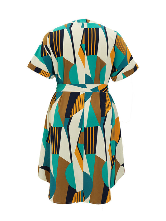 Geometric Print Flutter Arc Hem Pocket Belt Roll Sleeve Dress