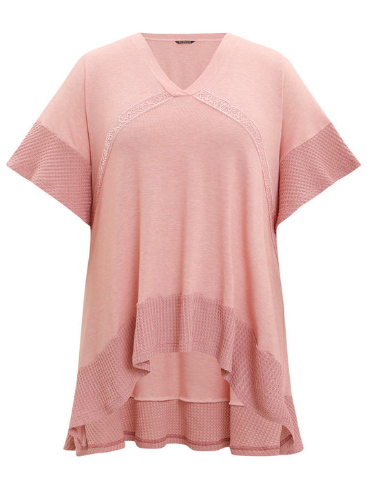 Plain Heather Crochet Lace Asymmetrical Hem T-shirt