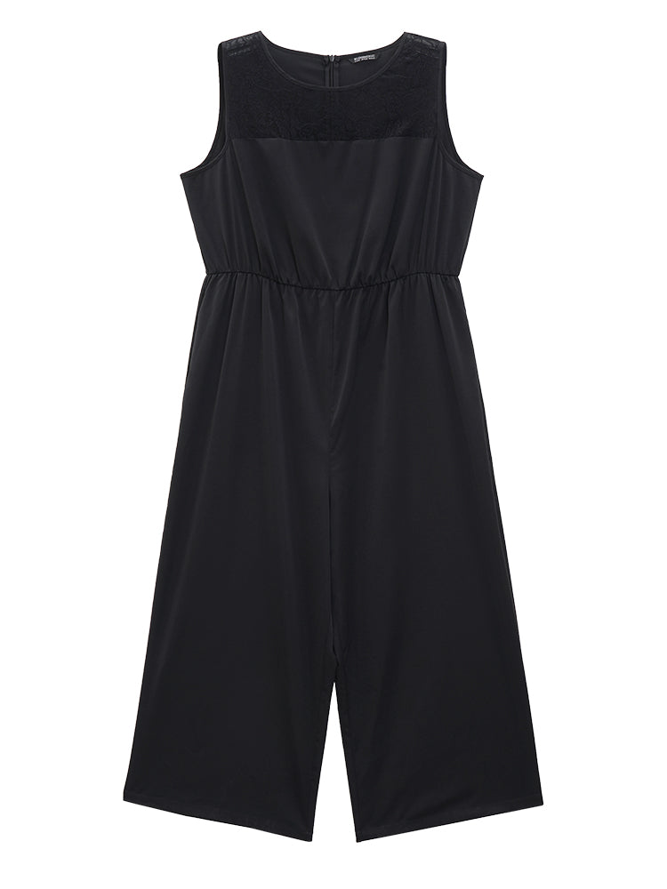 Solid Lace Mesh Pocket Sleeveless Jumpsuit