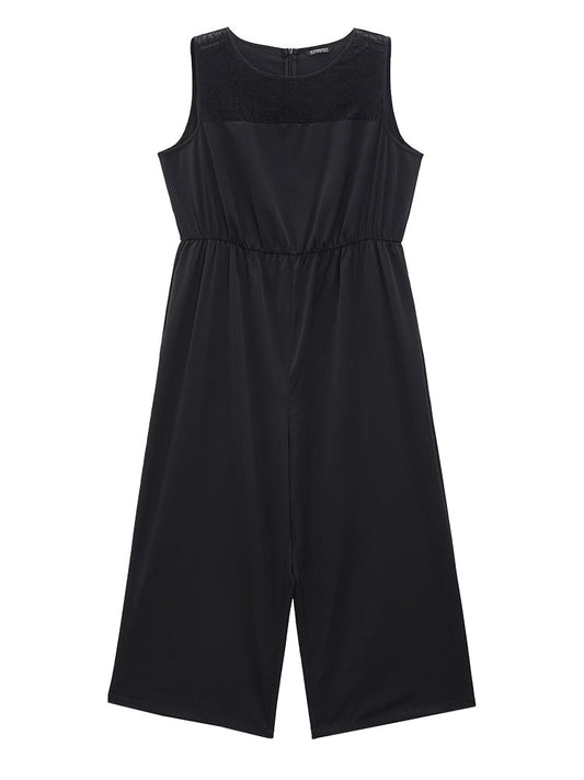 Solid Lace Mesh Pocket Sleeveless Jumpsuit