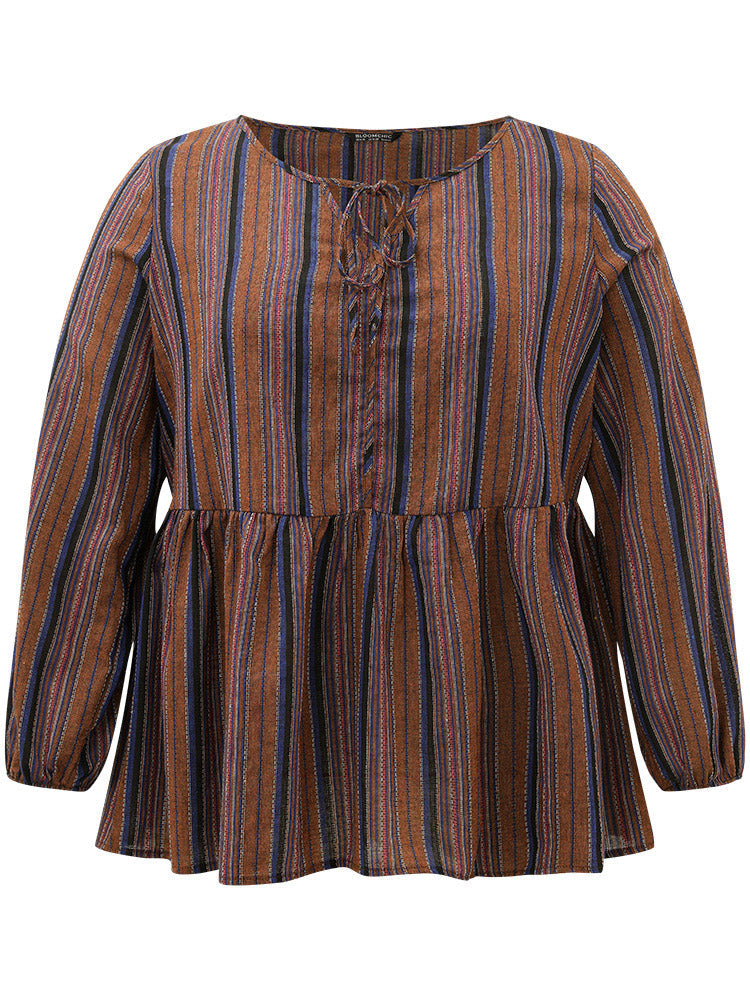 Striped Knot Neck Lantern Sleeve Flutter Hem Blouse
