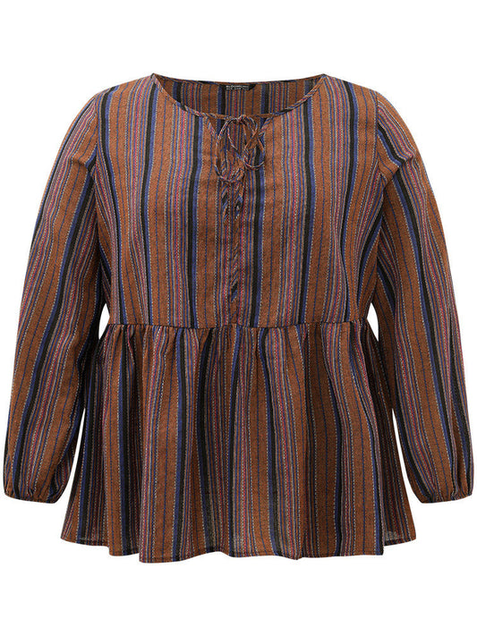 Striped Knot Neck Lantern Sleeve Flutter Hem Blouse