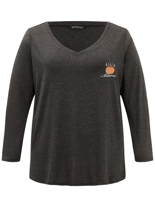 Halloween Pumpkin Embroidered V Neck T-shirt