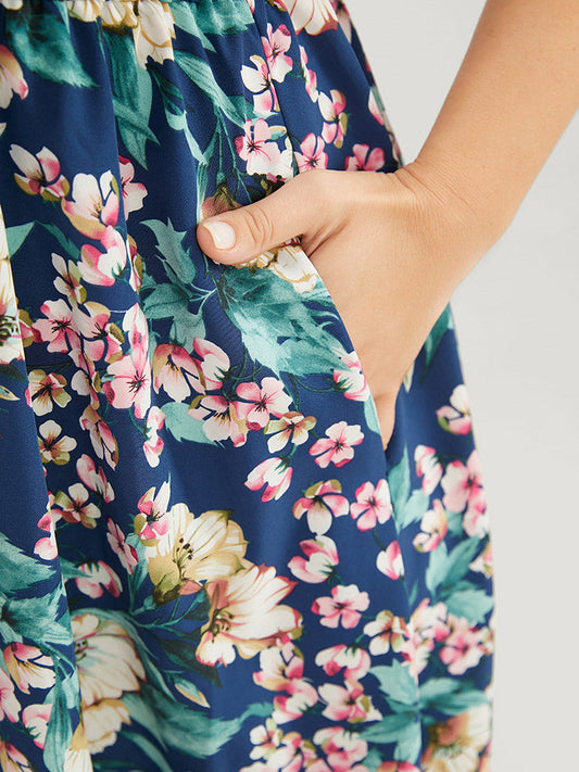 Floral Ruffle Trim Pocket One Shoulder Dress