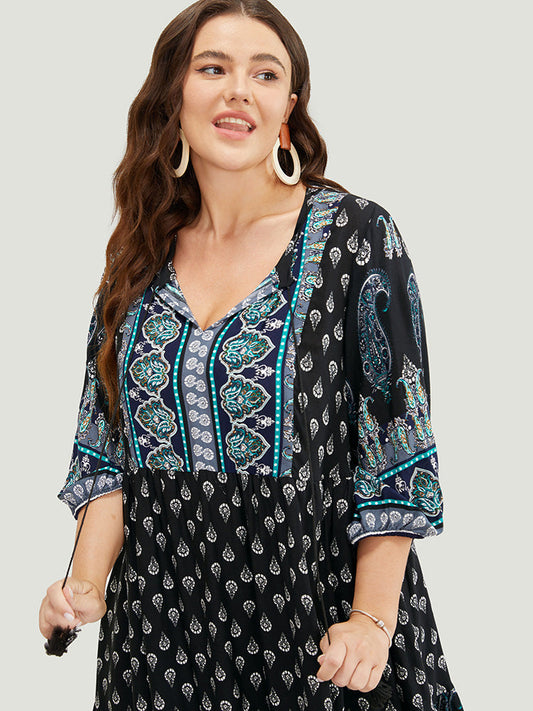 Paisley & Bandana Print Lantern Sleeve Tie Neck Pocket Dress