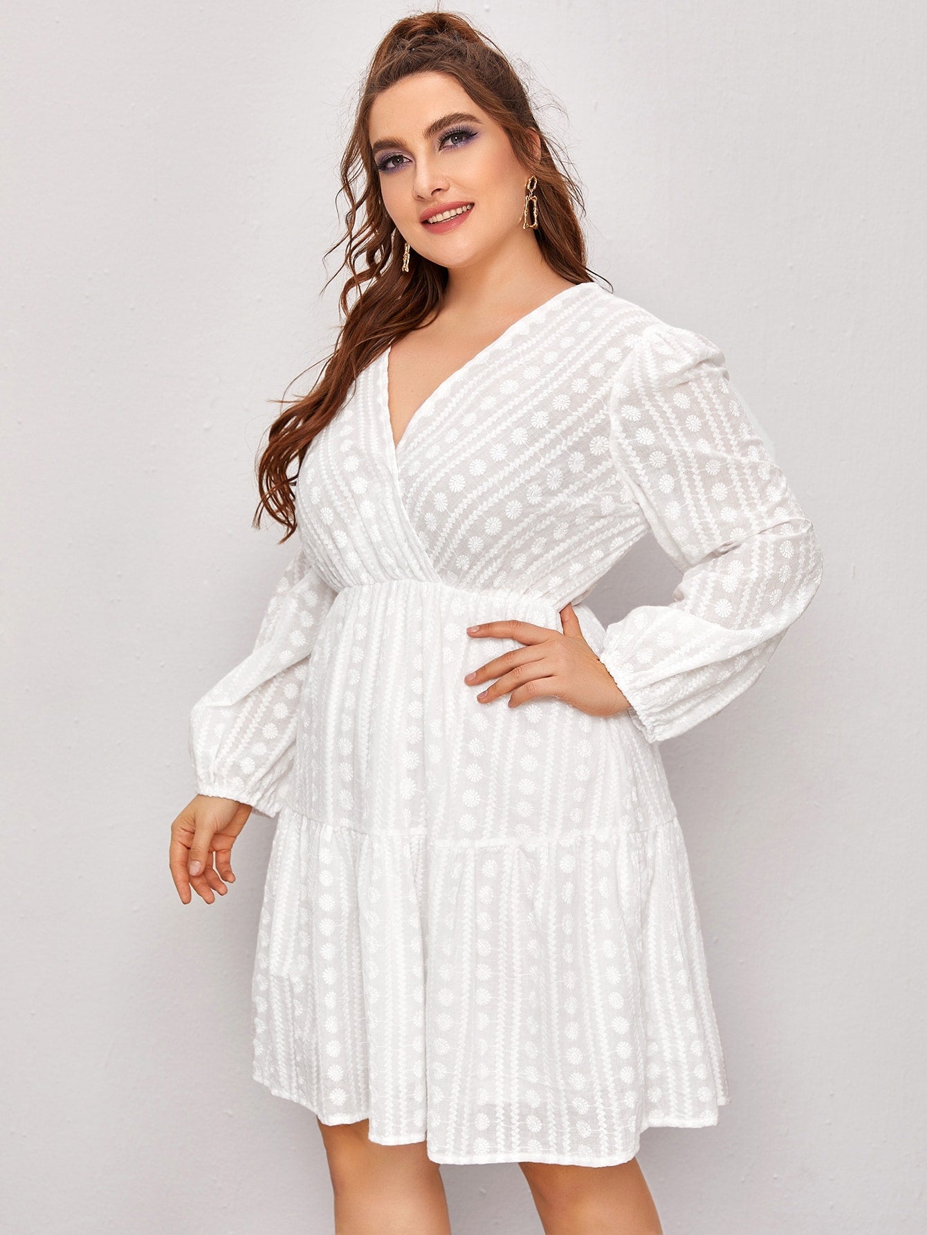 Embroidery Wrap Ruffle Hem Dress