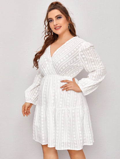 Embroidery Wrap Ruffle Hem Dress