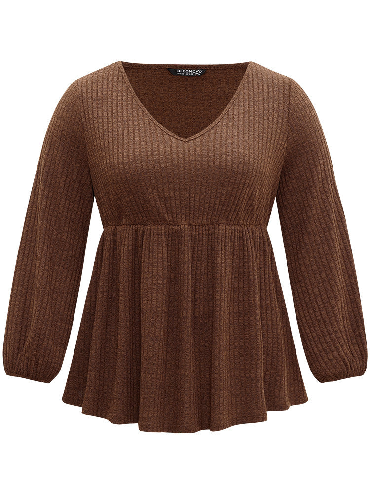 Plain Rib Knit Gathered Lantern Sleeve T-shirt