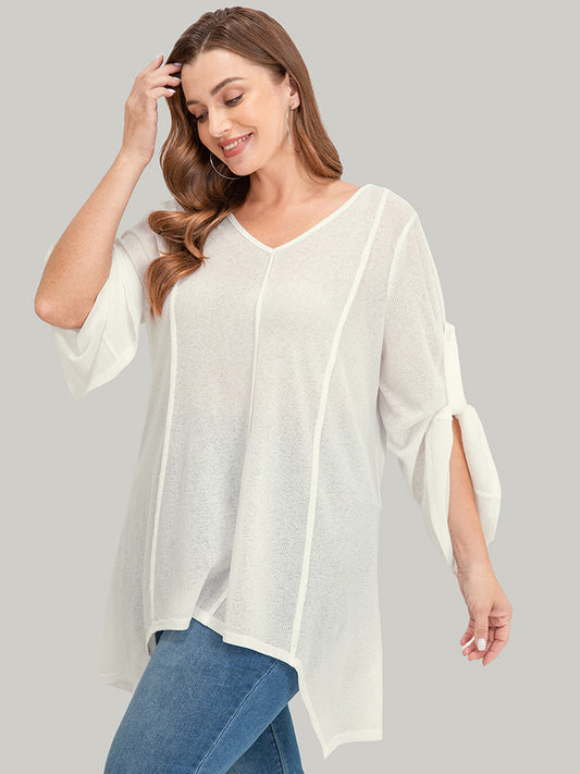 Solid Asymmetrical Hem Cuffed Sleeve Rib Knit T-shirt