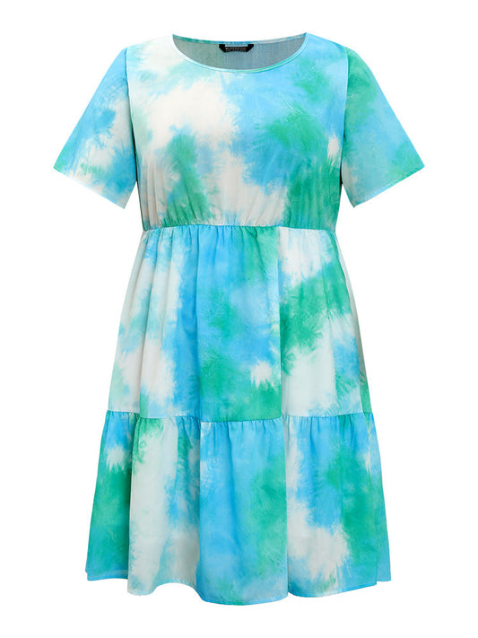 Tie Dye Crew Neck Pocket Ruffle Tiered Dress