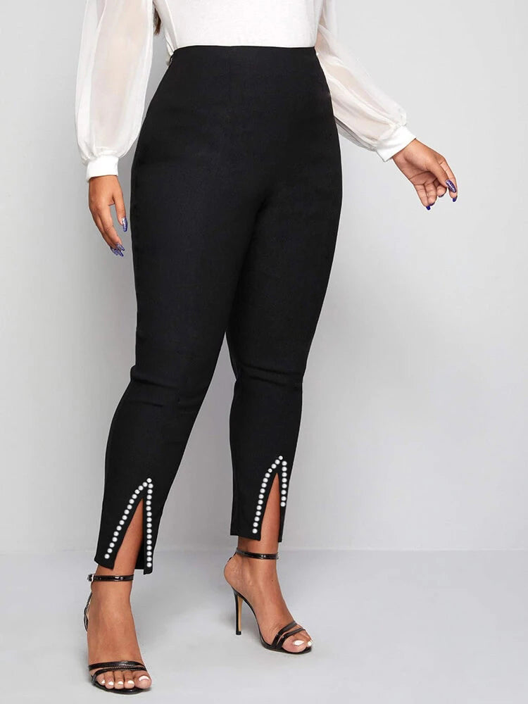 Beaded Slit Solid Bodycon Pants