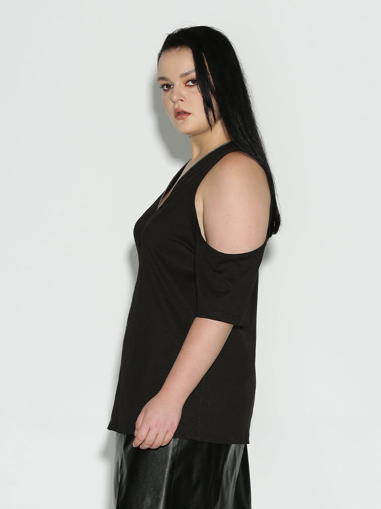 Cold Shoulder Zip V-Neck Top