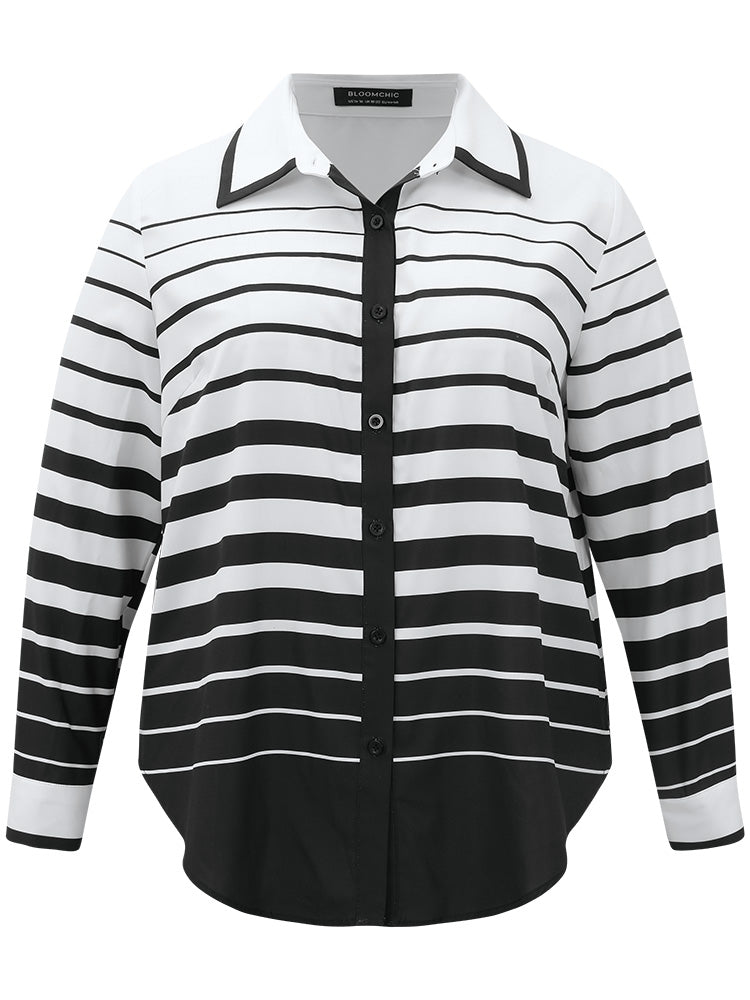 Striped Button Through Curved Hem Blouse