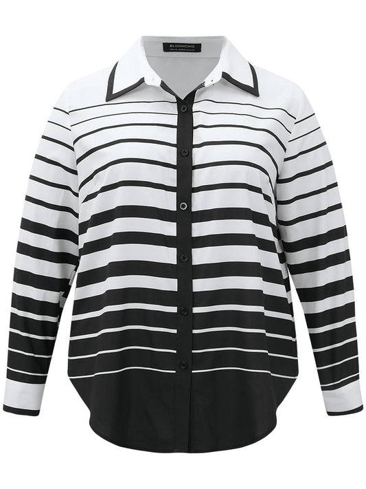 Striped Button Through Curved Hem Blouse