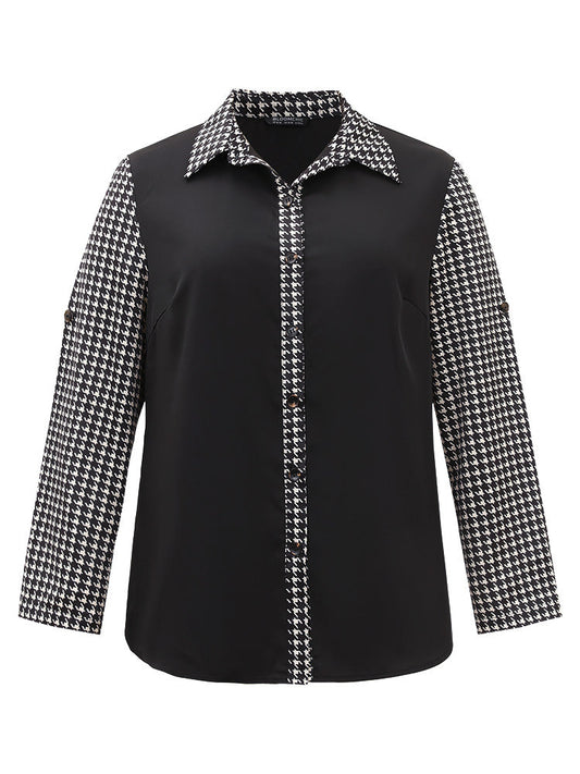 Twill Houndstooth Tab Sleeve Patchwork Blouse